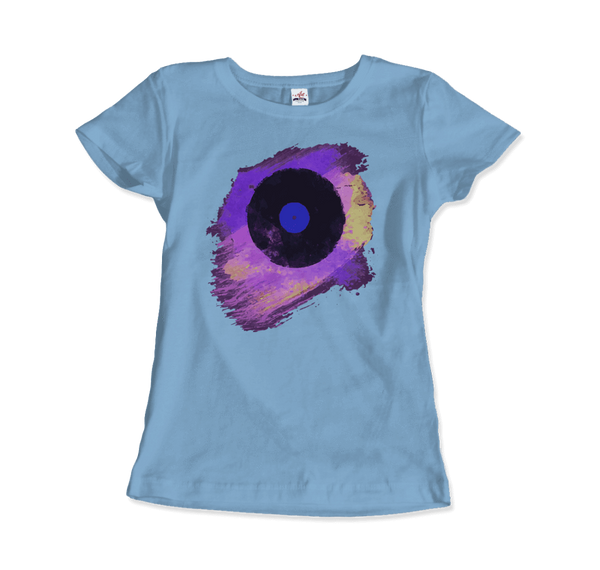 Vinyl Record Made of Paint Scattered in Purple Tones T-Shirt - Women / Light Blue / Small by Art-O-Rama