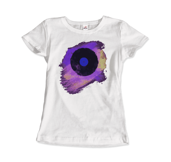 Vinyl Record Made of Paint Scattered in Purple Tones T-Shirt - Women / White / Small by Art-O-Rama