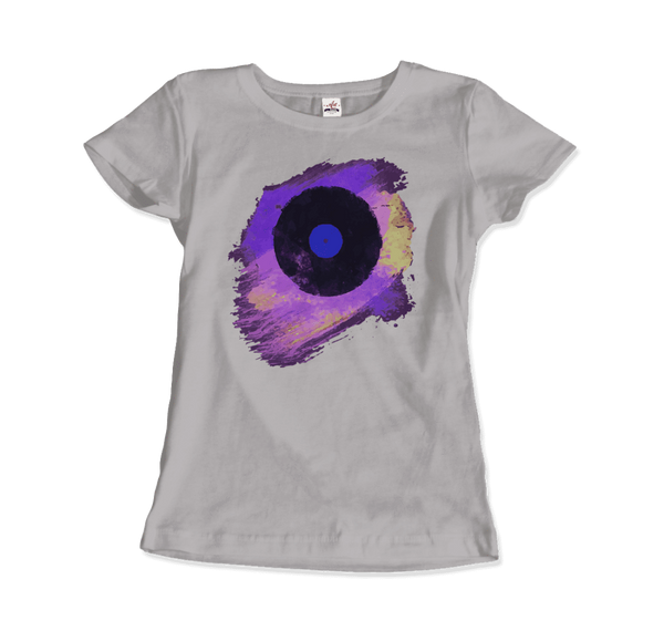 Vinyl Record Made of Paint Scattered in Purple Tones T-Shirt - Women / Silver / Small by Art-O-Rama